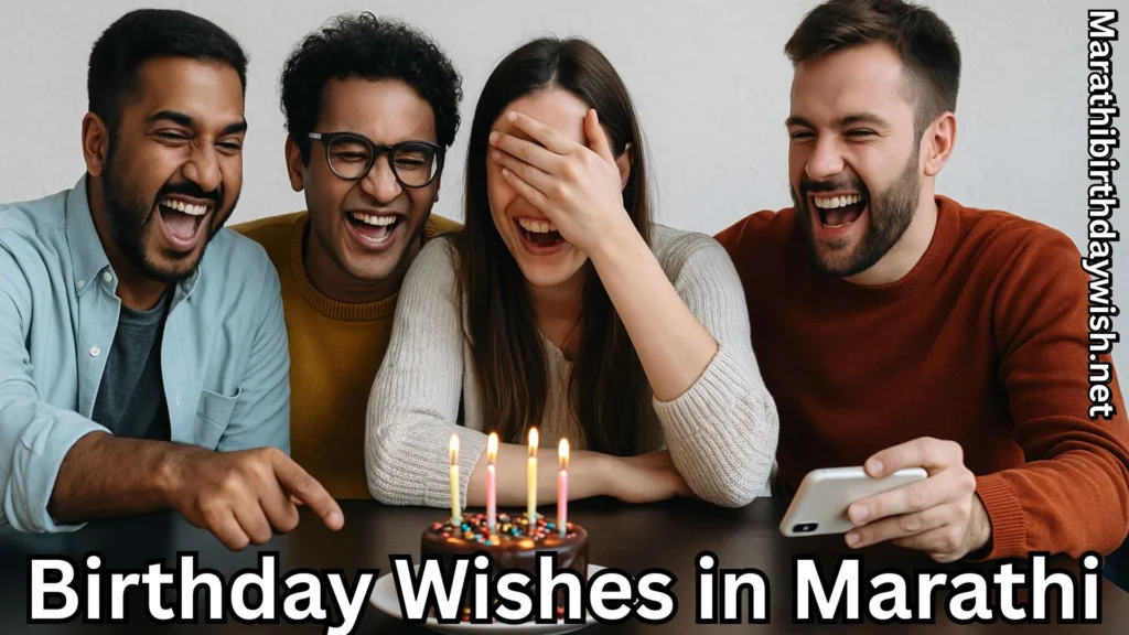 Group of friends laughing around birthday cake and birthday wishes in marathi text overlay