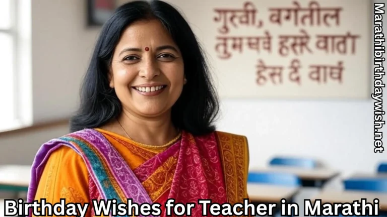 Happy female in orange saree with birthday wishes for teacher in marathi text overlay