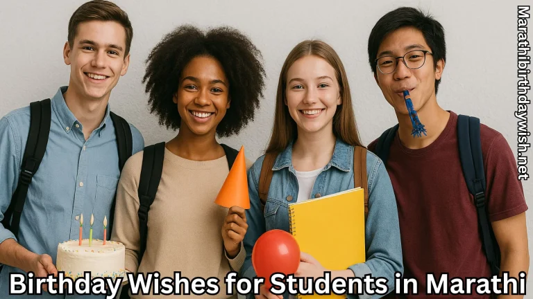 Happy group of students with cake and birthday wishes for students in marathi text overlay