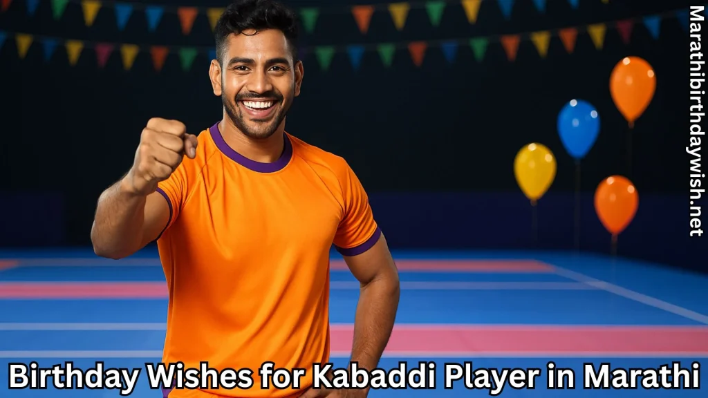 Happy kabaddi player on indoor court with balloons and bunting, birthday vibe