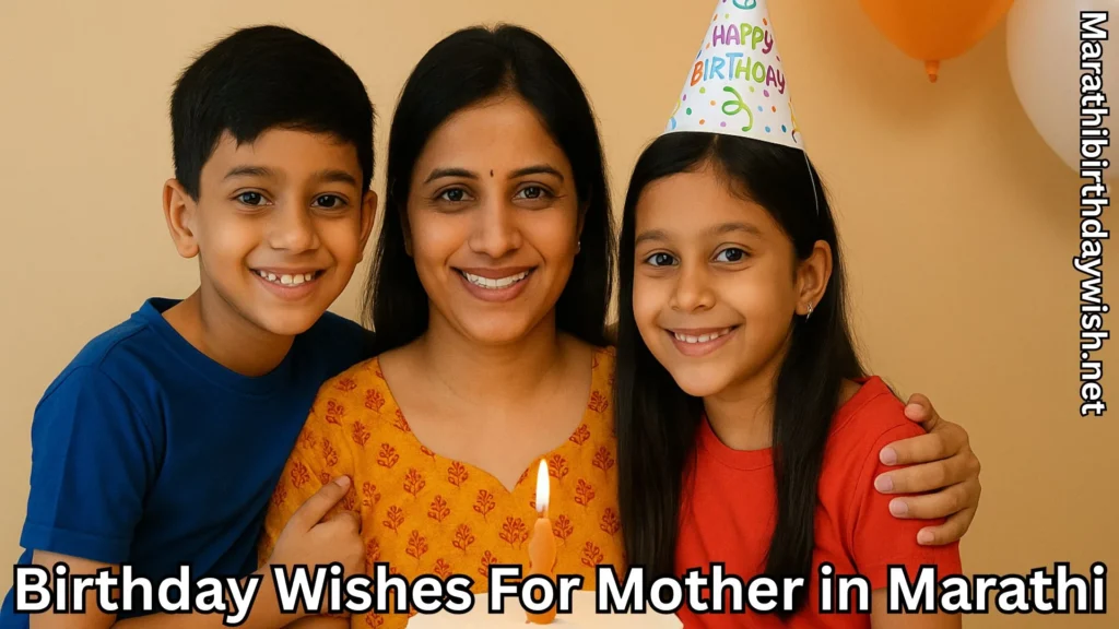Happy mom with two kids and birthday wishes for mother in marathi text overlay