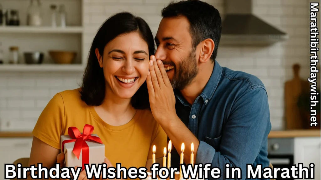Husband whispering surprise to smiling wife holding birthday gift