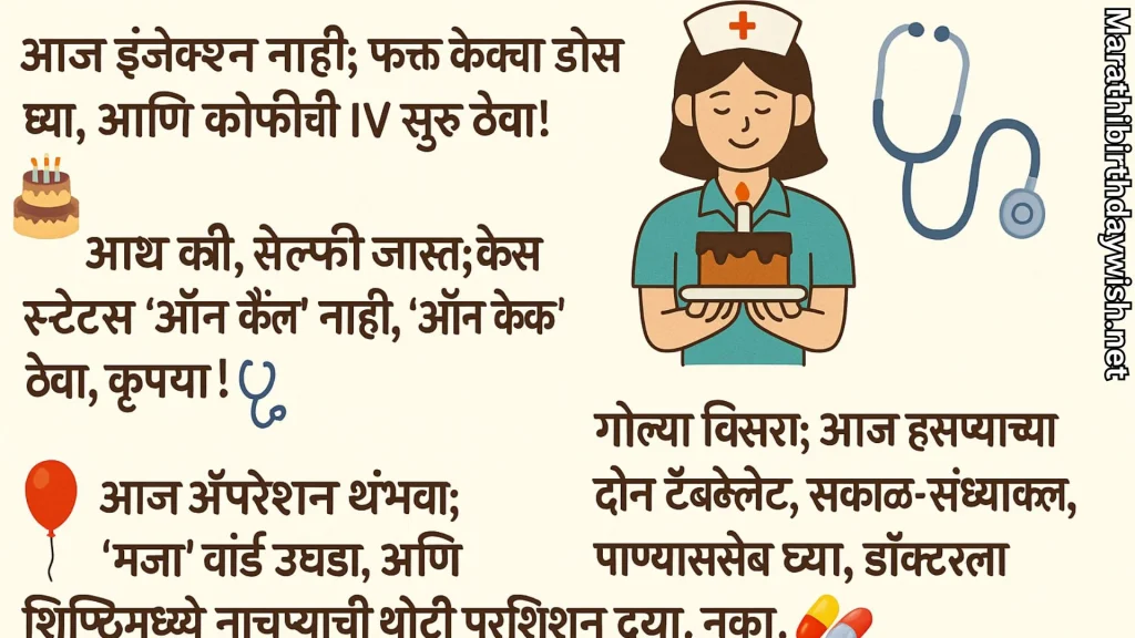 Illustrated nurse with cake and medical icons, Marathi birthday wishes