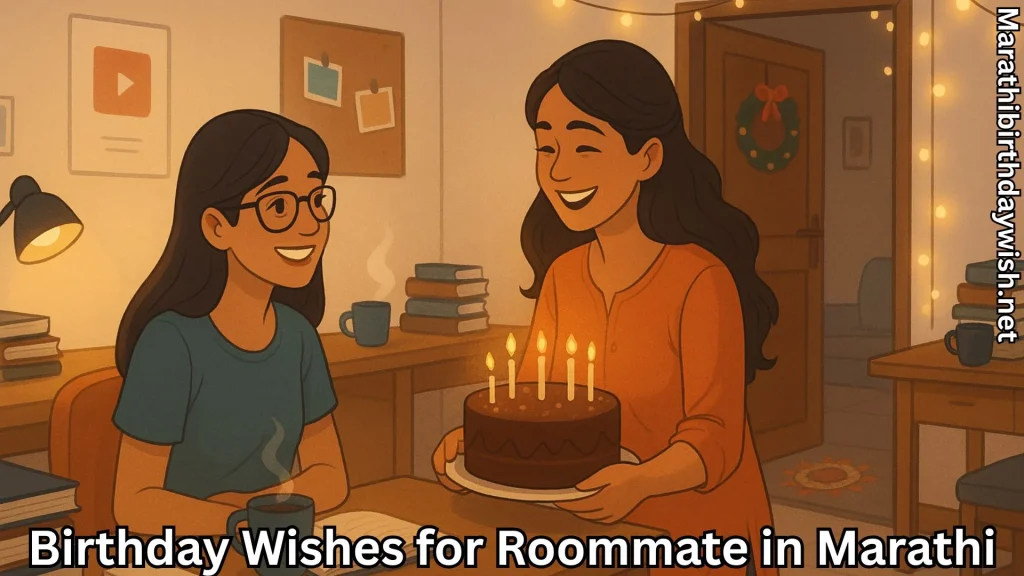Illustration; roommate brings birthday cake with candles in cozy dorm room