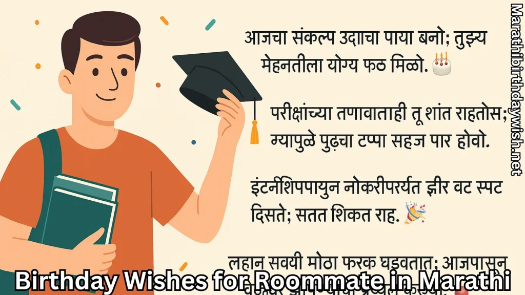 Illustration; student with books and birthday wishes for roommate in marathi text overlay