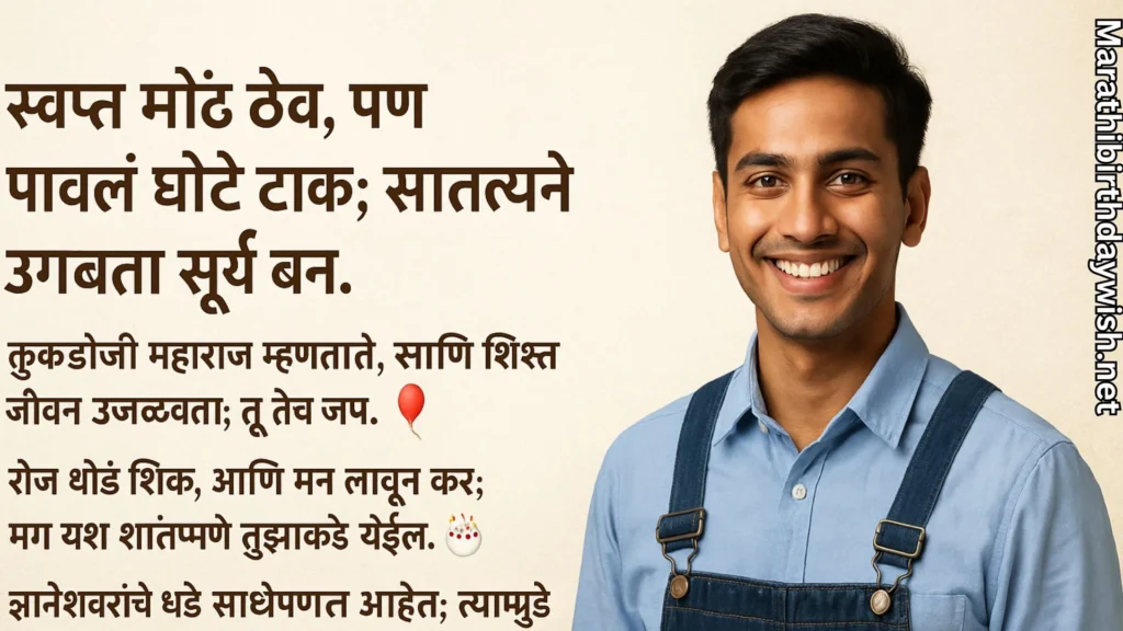 Inspirational birthday message in Marathi with smiling young man