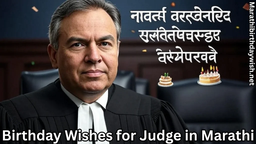 Judge in courtroom with birthday wishes for judge in marathi text overlay
