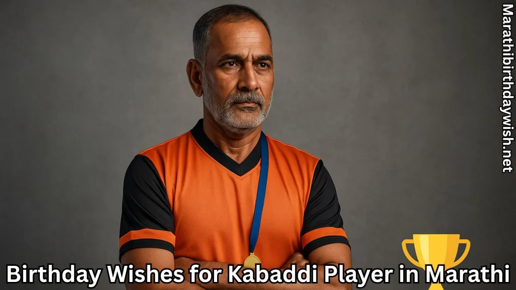 Kabaddi coach wearing a medal with birthday wishes for kabaddi player in marathi text overlay