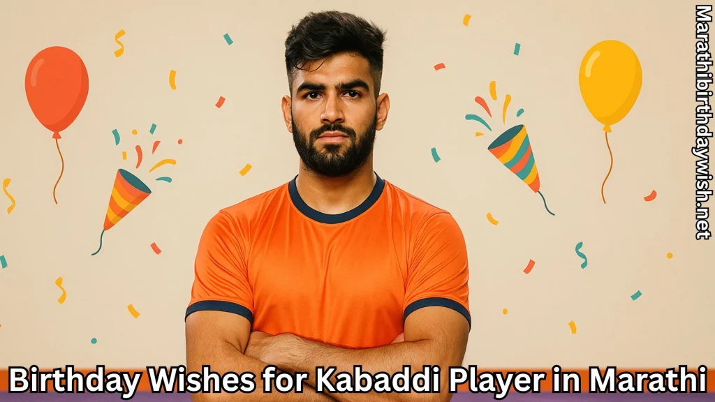 Kabaddi player in orange jersey with balloons and confetti, birthday theme