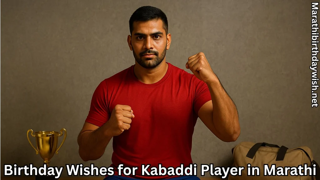 Kabaddi player in red shirt posing with birthday wishes for kabaddi player in marathi text overlay