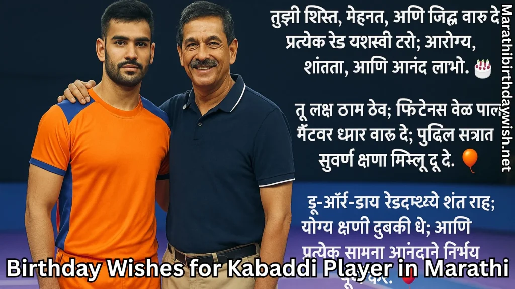 Kabaddi player with coach on court; Marathi birthday wishes on side
