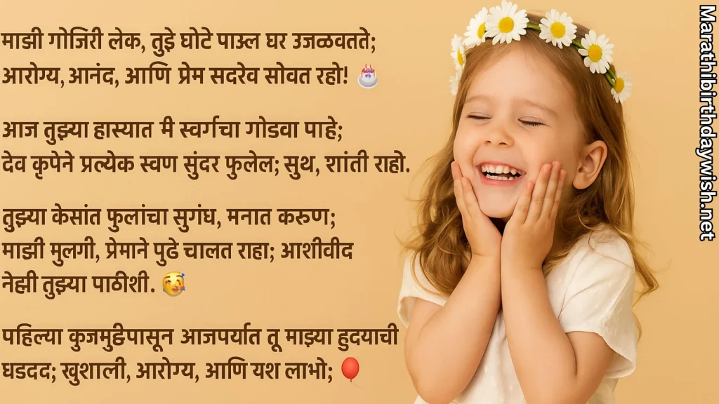 Laughing little girl with flower crown and Marathi birthday message