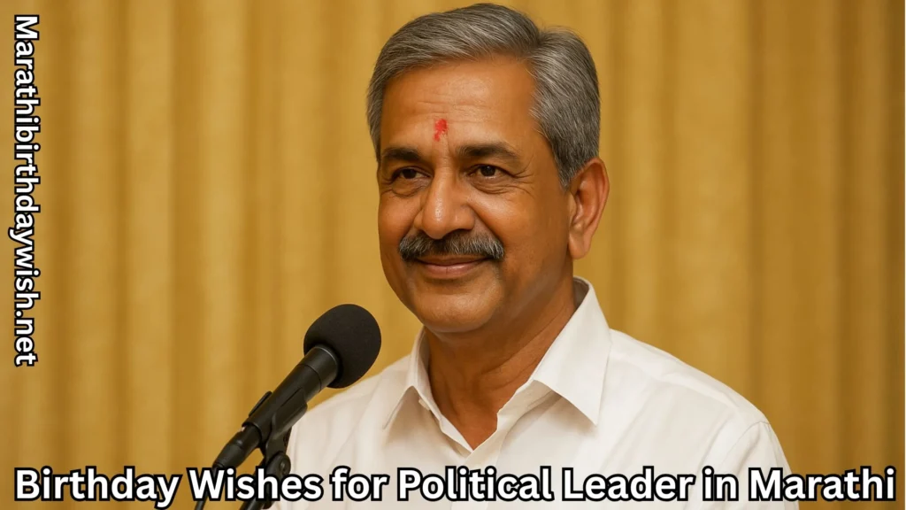 Leader at mic with red tilak with birthday wishes for political leader in marathi text overlay