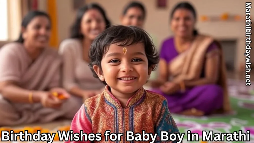 Little boy in traditional dress smiling, family behind, birthday wishes