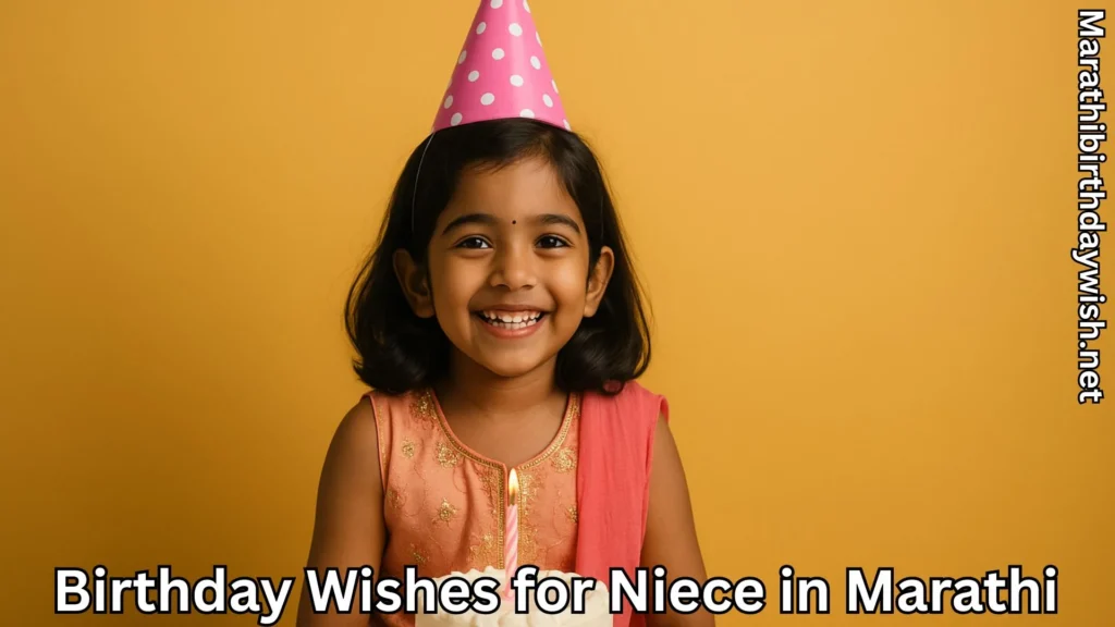 Little girl in traditional dress with candle and Marathi birthday text
