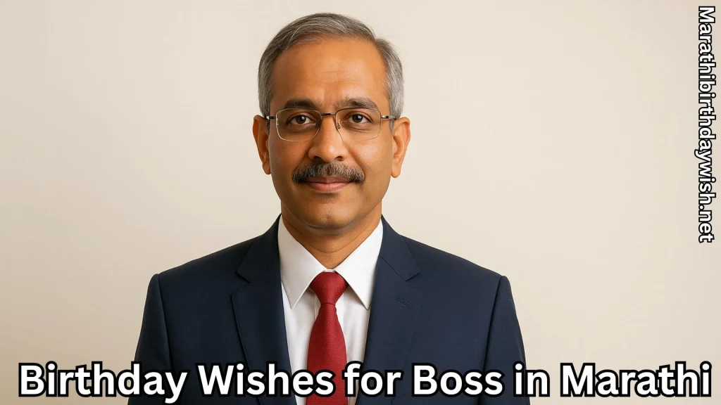 Male boss formal portrait with birthday wishes for boss in marathi text overlay