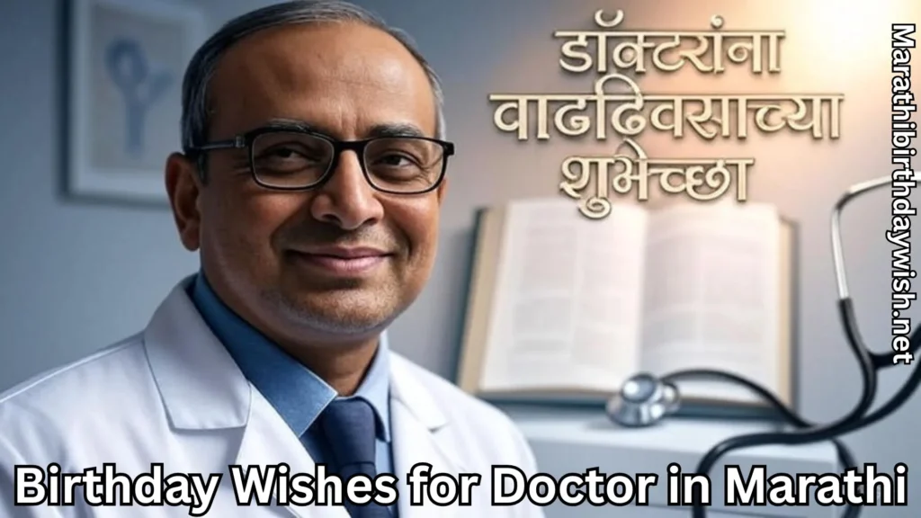 Male doctor with glasses and birthday wishes for doctor in marathi text overlay