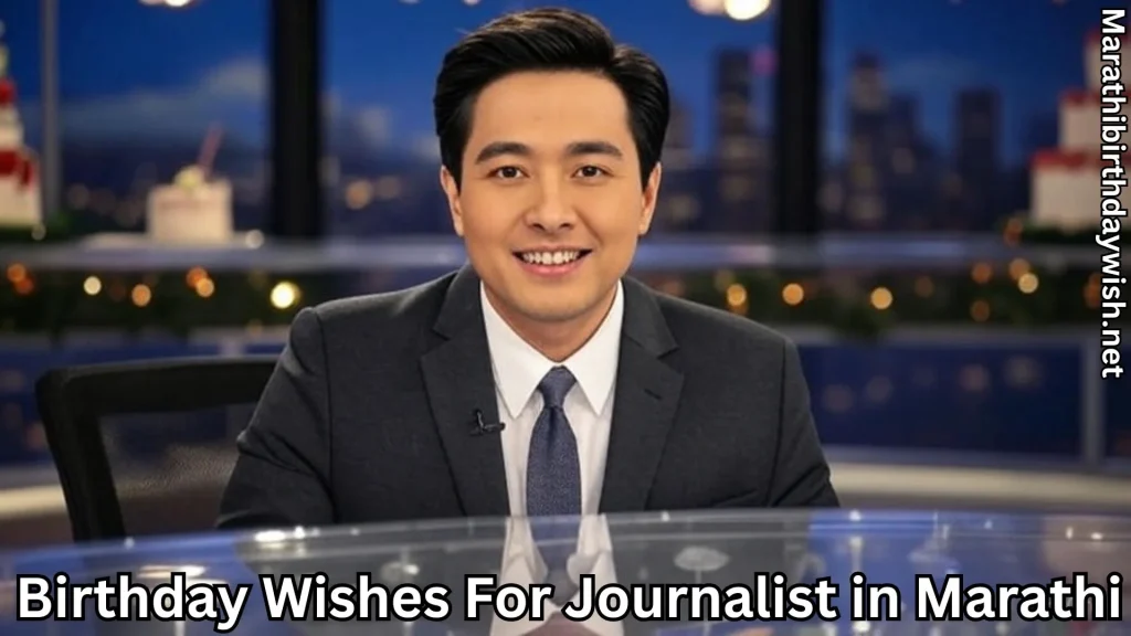 Male news at studio desk and birthday wishes for journalist in marathi text overlay