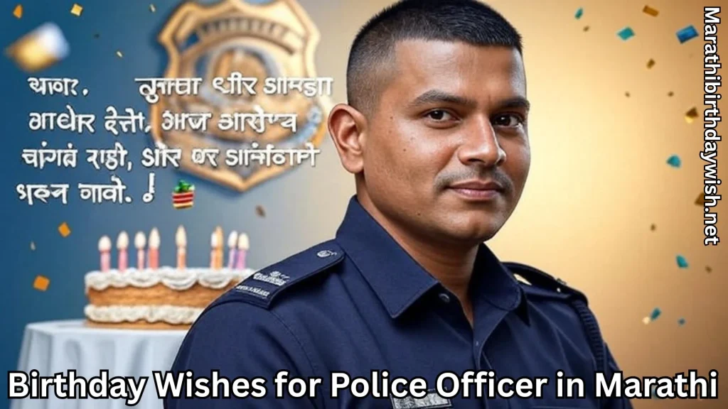 Male police officer by cake with Marathi birthday text and confetti
