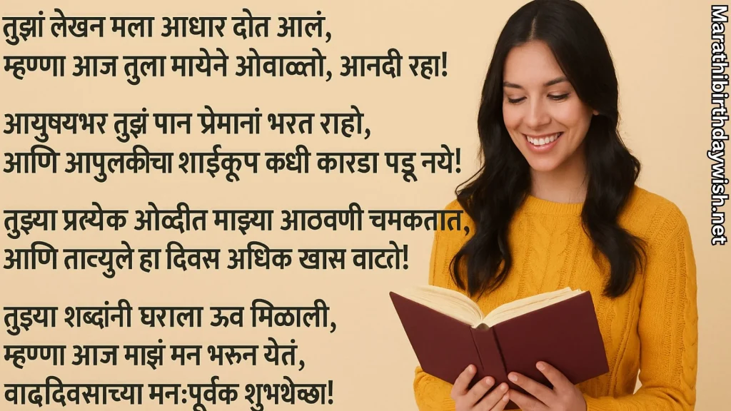 Marathi birthday message for a writer with smiling woman reading a book