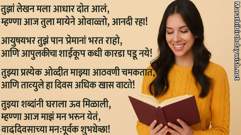 Marathi birthday message for a writer with smiling woman reading a book
