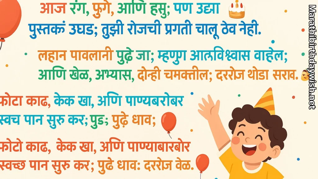 Marathi birthday wish poster for students with cartoon boy and balloons