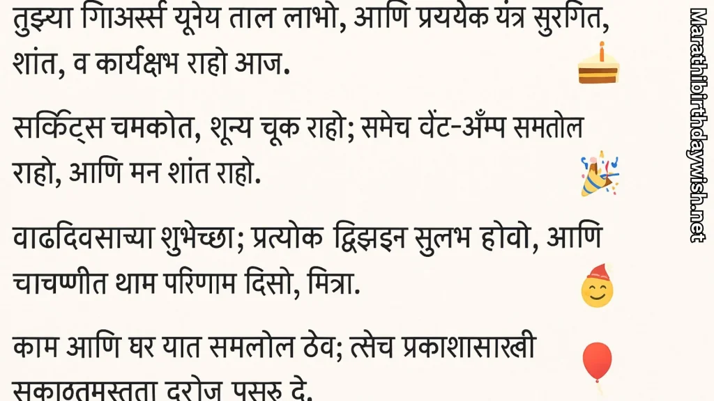 Marathi birthday wishes for engineer, minimal text with emojis.