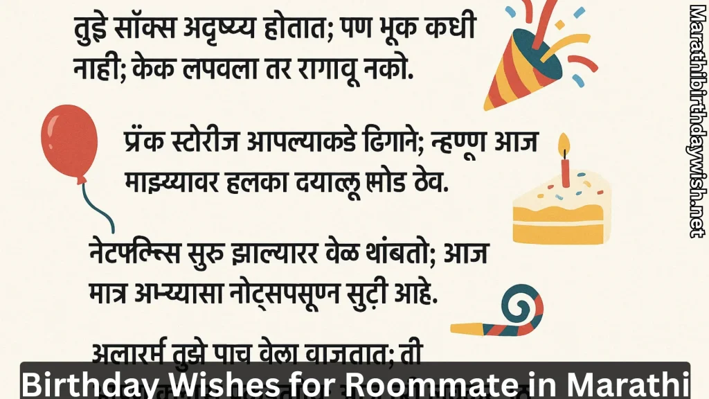 Marathi birthday wishes for roommate with balloon, party popper, cake icons