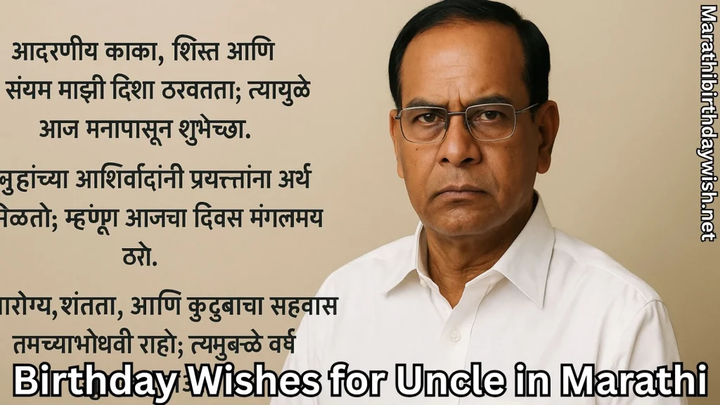 Marathi birthday wishes text with stern elder uncle portrait