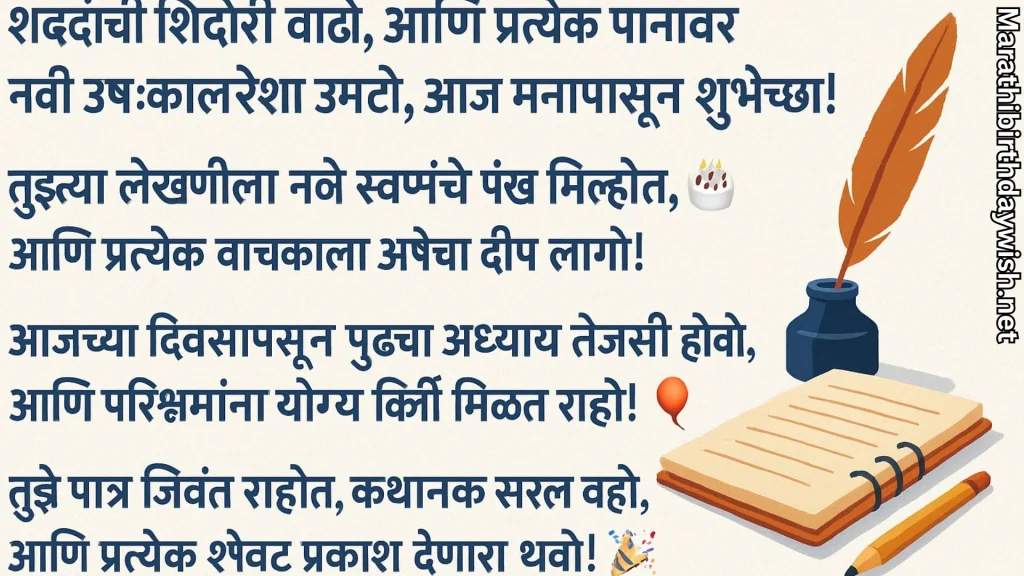 Marathi wishes for writer with quill, ink pot and notebook illustration