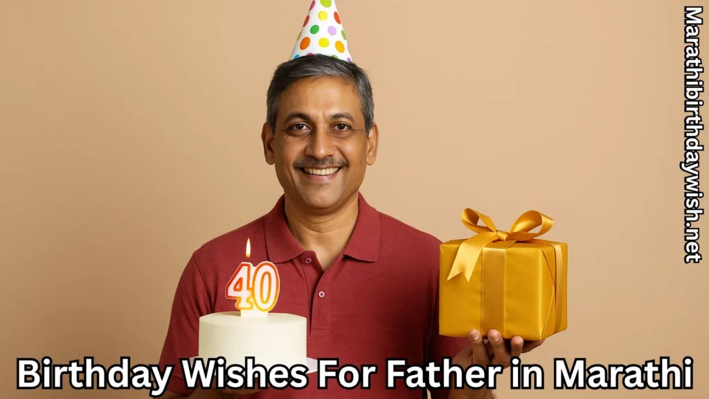 Middle-aged man with birthday hat, cake and gift, smiling for 40th birthday.