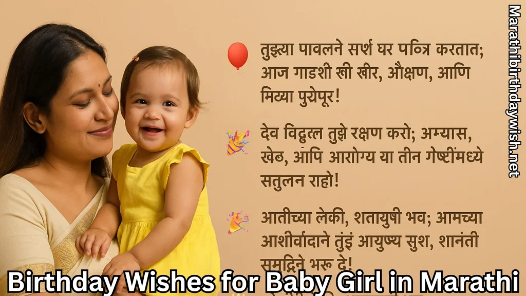 Mom holds smiling toddler in yellow and birthday wishes for baby girl in marathi text overlay
