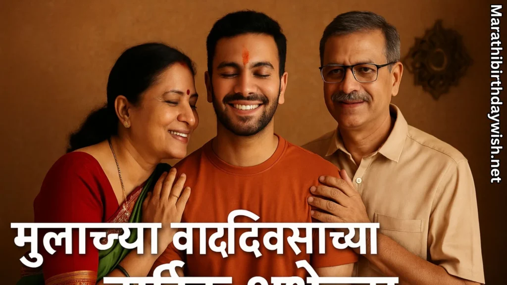 Mother and father with grown-up son with birthday wishes for son in marathi text overlay