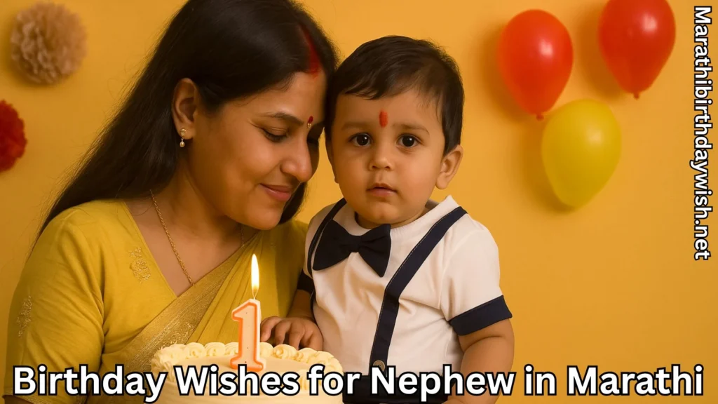 Mother and one-year-old son celebrating birthday with cake and balloons