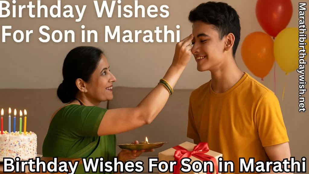Mother applying tilak to son on birthday