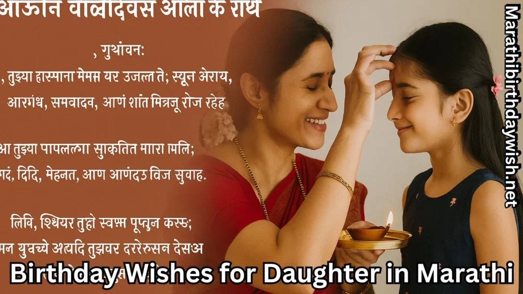 Mother blessing daughter with birthday wishes for daughter in marathi text overlay