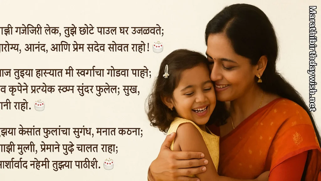 Mother hugging smiling daughter beside Marathi birthday message
