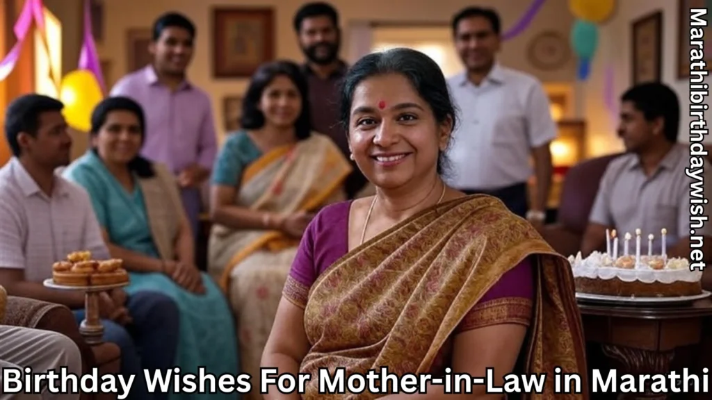 Mother-in-law at family birthday gathering, cake and balloons behind