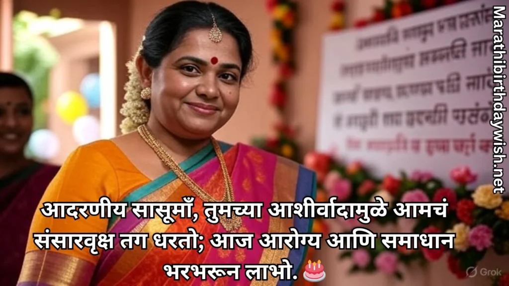Mother-in-law in festive saree with Marathi birthday blessing text