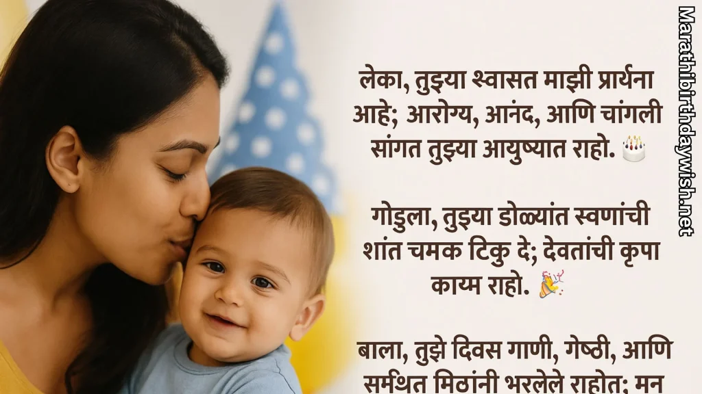 Mother kissing baby boy, Marathi blessing text on the right side