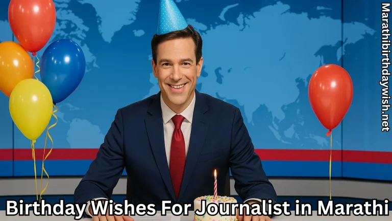 News anchor in suit with party hat, balloons, and birthday cake on desk