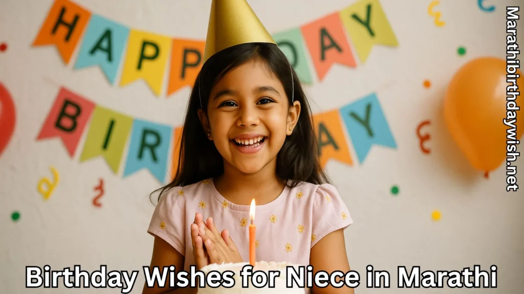 Niece in birthday hat smiling with cake and decorations in background