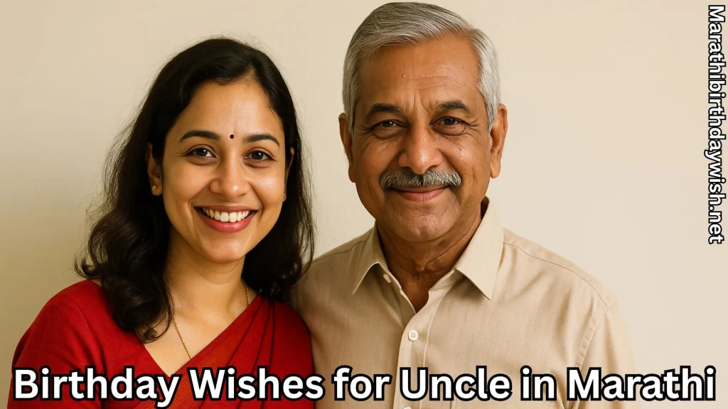 Niece with her uncle smiling and birthday wishes for uncle in Marathi text overlay