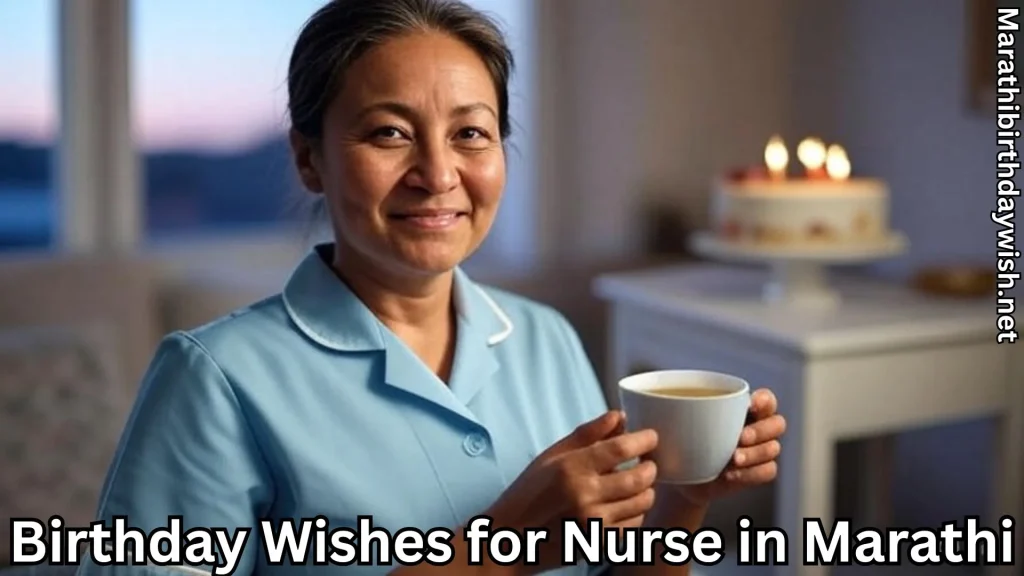 Nurse holding tea cup; blurred birthday cake behind