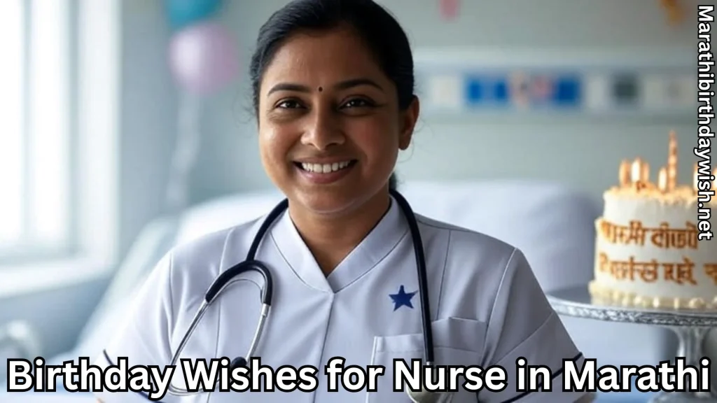 Nurse in scrubs at night and birthday wishes for nurse in marathi text overlay
