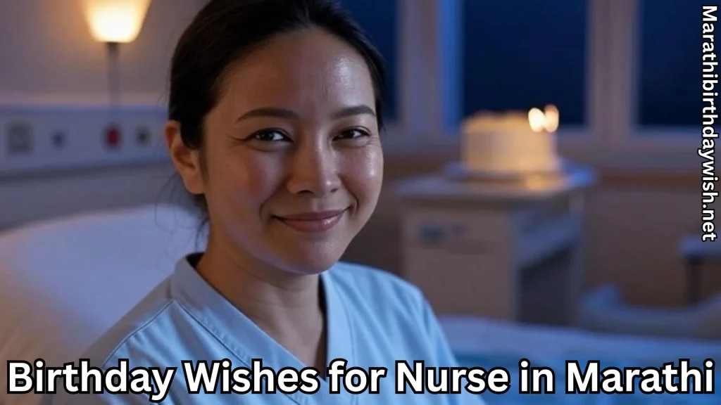 Nurse in scrubs at night; cake in background, birthday vibe
