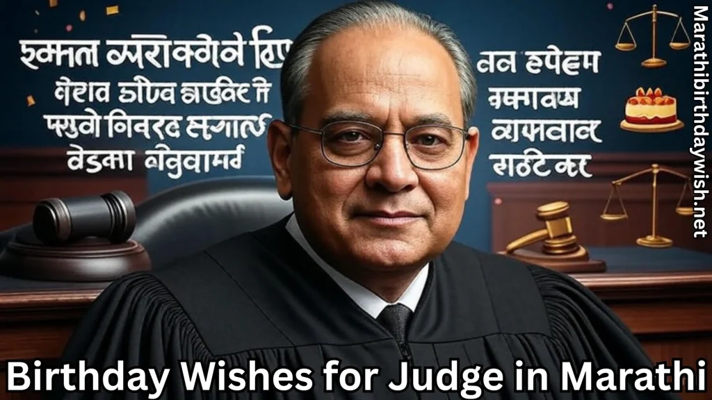 Older judge in courtroom; Marathi birthday text and justice icons