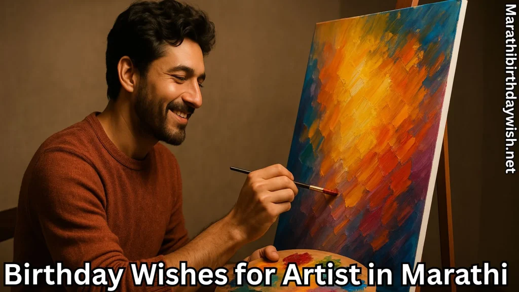 Painter works on colorful canvas with birthday wishes for artist in Marathi text overlay