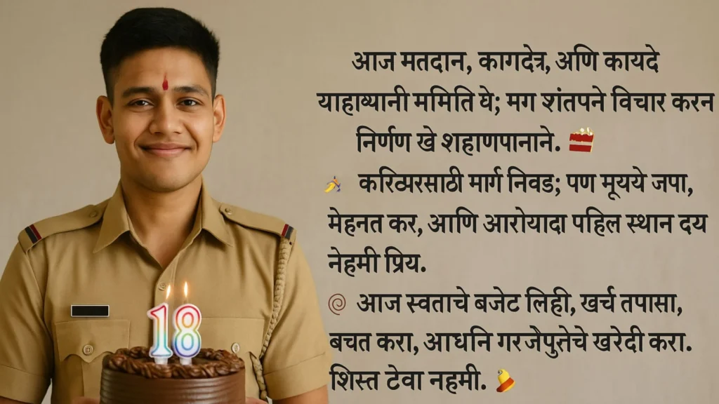 Police cadet holding birthday cake with birthday wishes for nephew in marathi text overlay