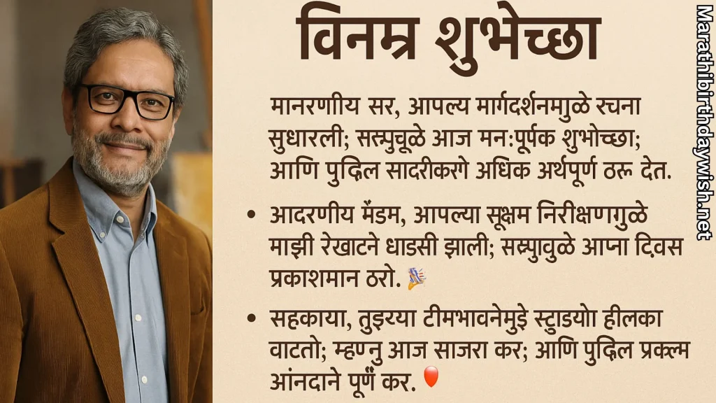 Portrait of art mentor beside Marathi “Vinmra Shubhechha” message